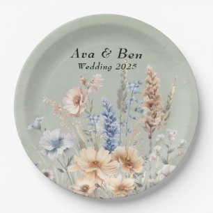 Sage Green Dusty Blue Wildflowers Wedding Paper Plates