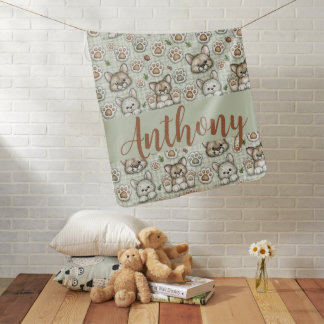 Sage Green Dusty Mauve Personalized Gingham Kitten Baby Blanket