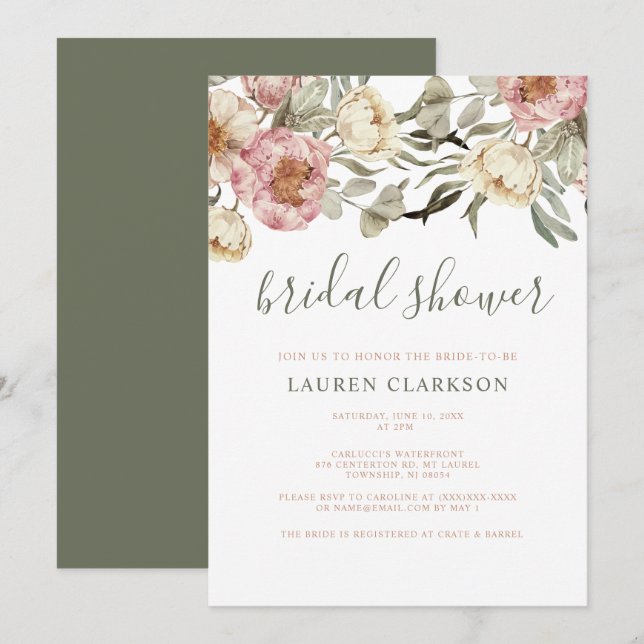 Sage Green Dusty Pink Floral Bridal Shower  Invitation (Front/Back)