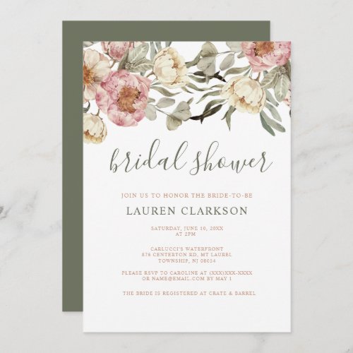 Sage Green Dusty Pink Floral Bridal Shower  Invitation