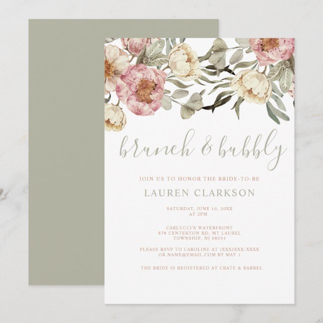 Sage Green Dusty Pink Floral Brunch Bridal Shower  Invitation (Front/Back)