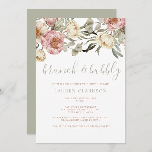 Sage Green Dusty Pink Floral Brunch Bridal Shower  Invitation