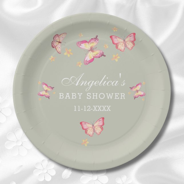 Sage Green Dusty Pink Peach Butterfly Baby Shower Paper Plates (Creator Uploaded)
