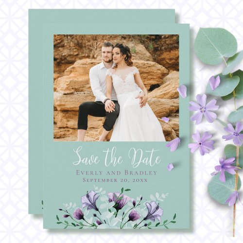 Sage Green Dusty Purple Floral Save the Date Invitation