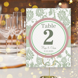 Sage Green Dusy Rose on White Table Number