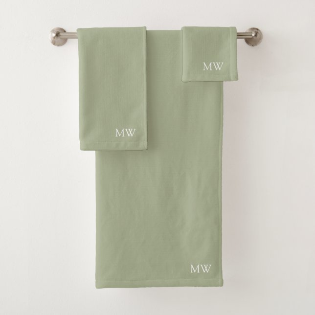 Sage Green Earthy Boho Monogram Initials Bath Towel Set (Insitu)