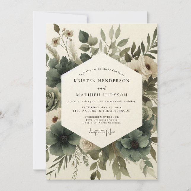 Sage Green Elegant Anemone Wedding Invitation (Front)