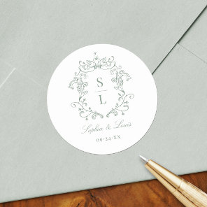 Sage Green Elegant Baroque Crest Monogram Wedding Classic Round Sticker