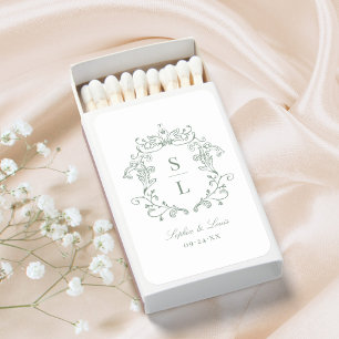 Sage Green Elegant Baroque Crest Monogram Wedding Matchboxes