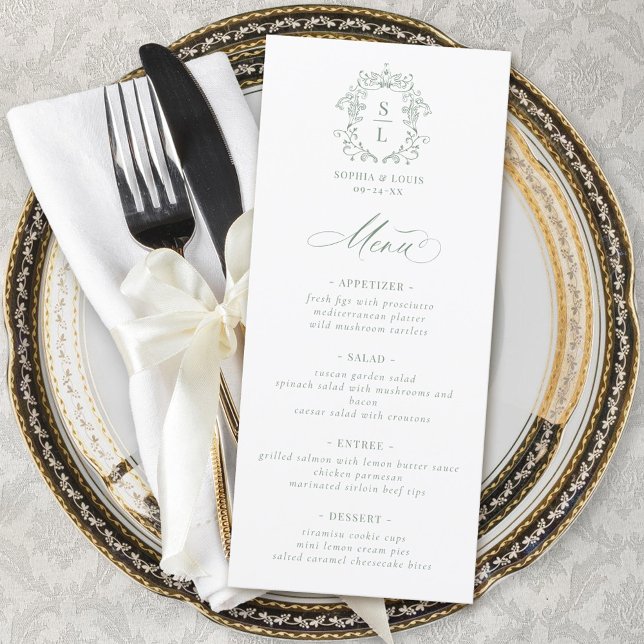 Sage Green Elegant Baroque Crest Monogram Wedding Menu (Creator Uploaded)