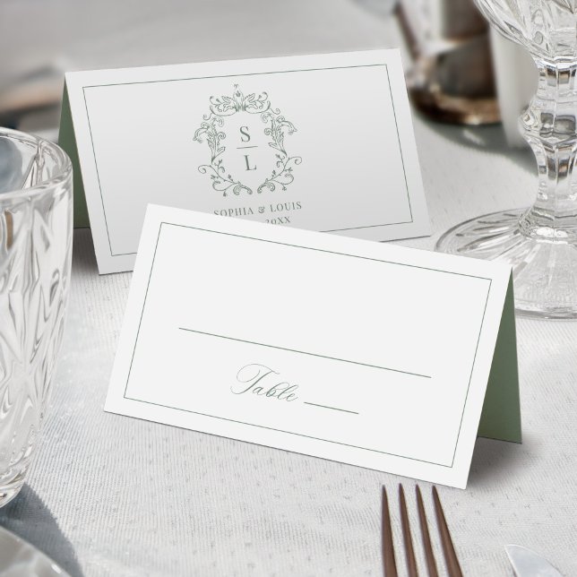 Sage Green Elegant Baroque Crest Monogram Wedding Place Card (Creator Uploaded)