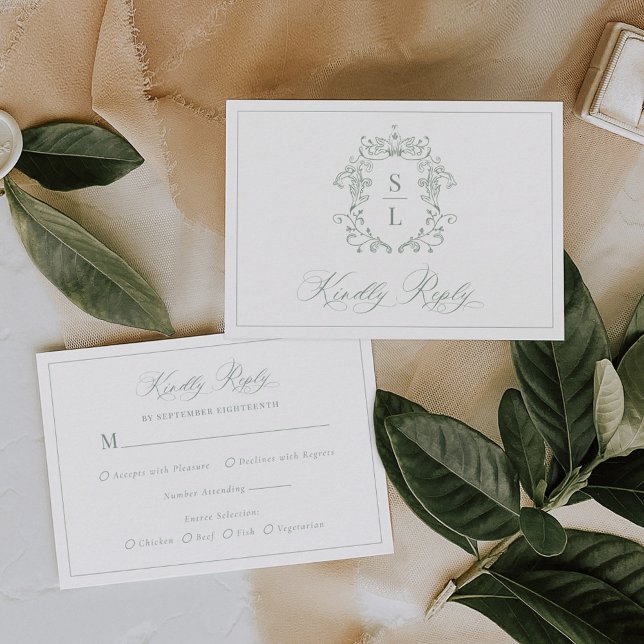 Sage Green Elegant Baroque Crest Monogram Wedding RSVP Card (Creator Uploaded)