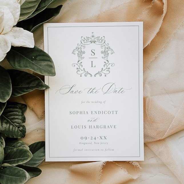 Sage Green Elegant Baroque Crest Monogram Wedding Save The Date (Creator Uploaded)