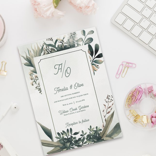 Sage Green Elegant Botanical Greenery Wedding Invitation (Elegant Botanical Greenery Wedding Invitation Set | Sage Green Frame Garden Wedding Invite)