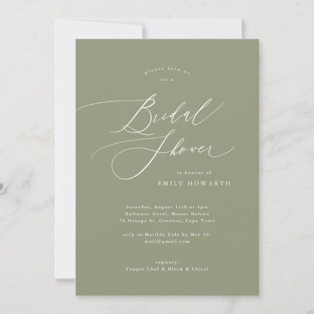 Sage Green Elegant Calligraphy Bridal Shower Invitation (Front)