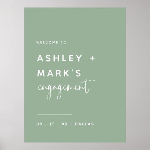 Sage Green Elegant Calligraphy Engagement Welcome  Poster
