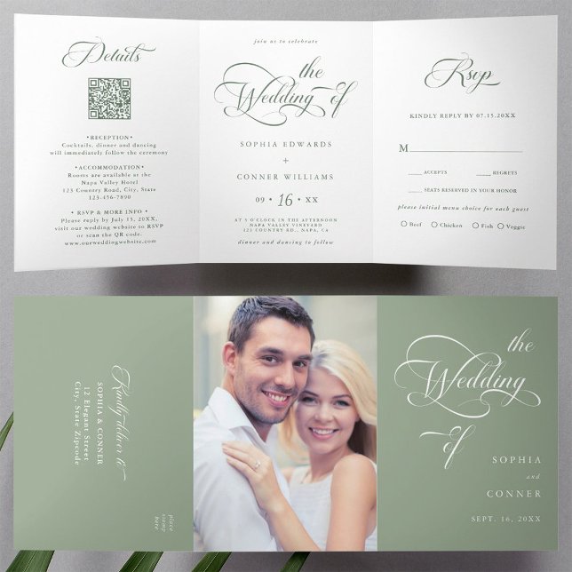 Sage Green Elegant Charm Script Wedding  Tri-Fold Invitation (Inside & Outside)
