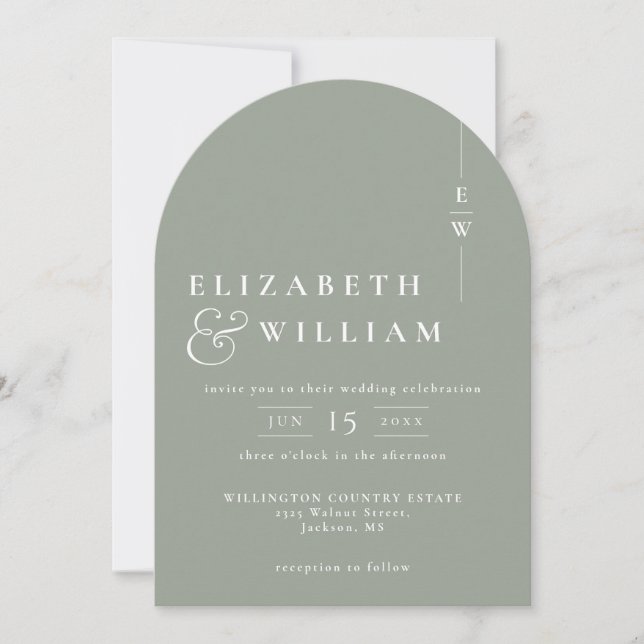 Sage Green Elegant Chic Monogram Wedding Arch Invitation (Front)