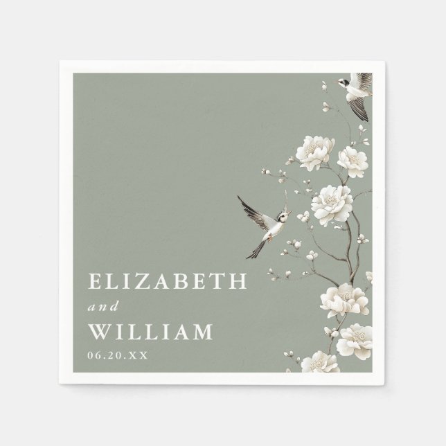 Sage Green Elegant Chinoiserie Floral Wedding Napkins (Front)