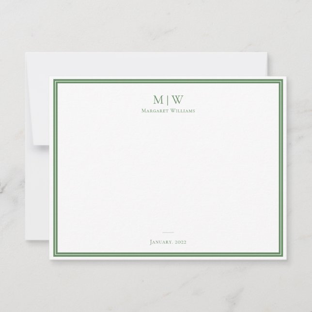 Sage Green Elegant Classic Monogram Professional Note Card (Front)