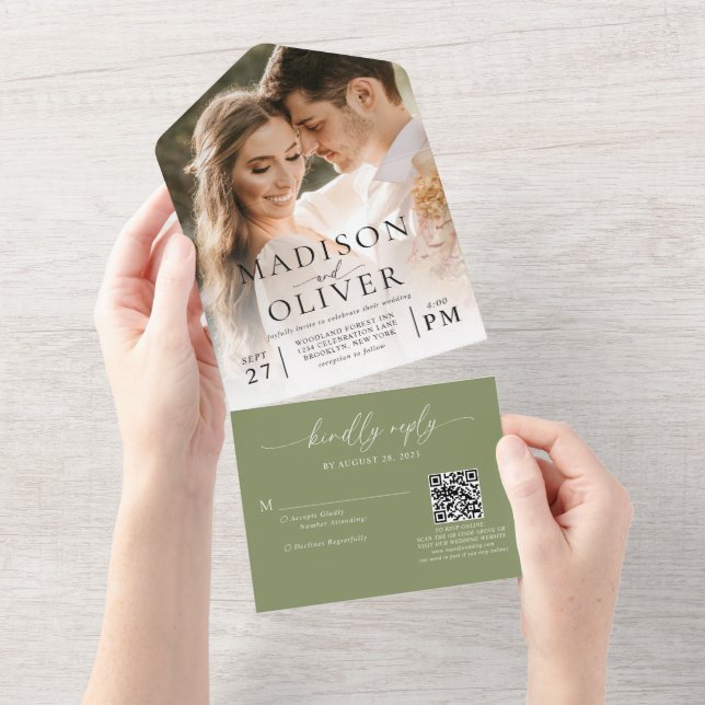 Sage Green Elegant Classic QR Code Photo Wedding All In One Invitation (Tearaway)