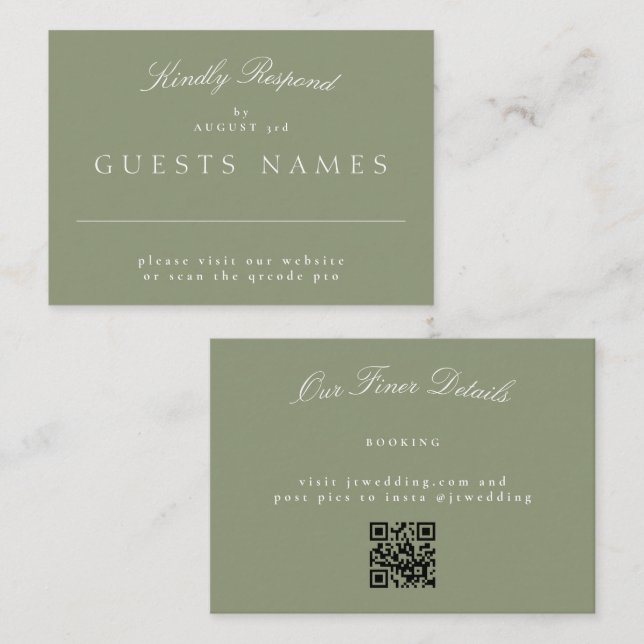 Sage Green Elegant Classic Wedding QR CODE RSVP Note Card (Front/Back)