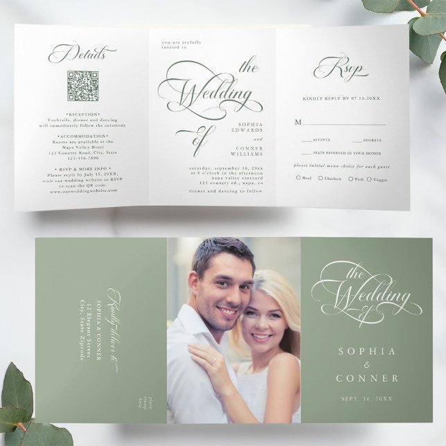 Sage Green Elegant Classy Calligraphy Wedding Tri-Fold Invitation (Inside & Outside)