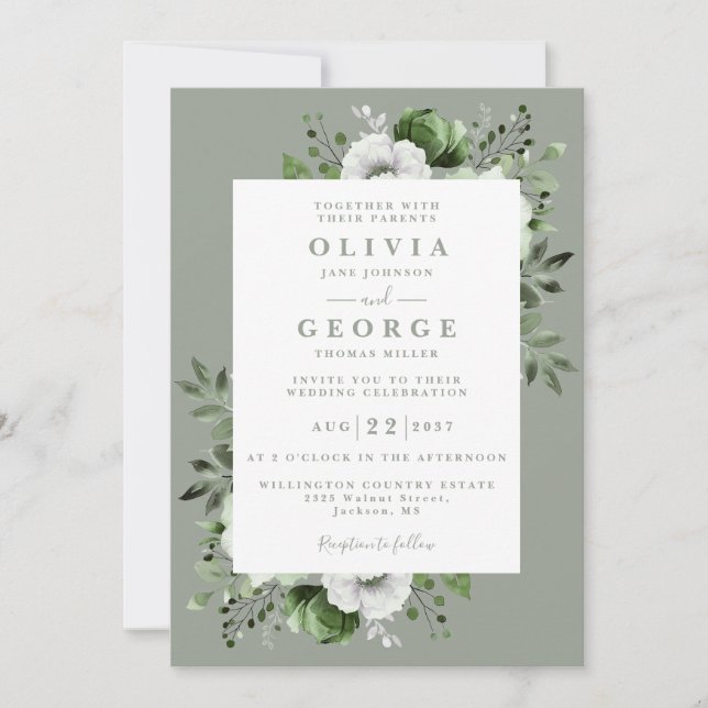 Sage Green Elegant Country Floral QR Code Wedding Invitation (Front)