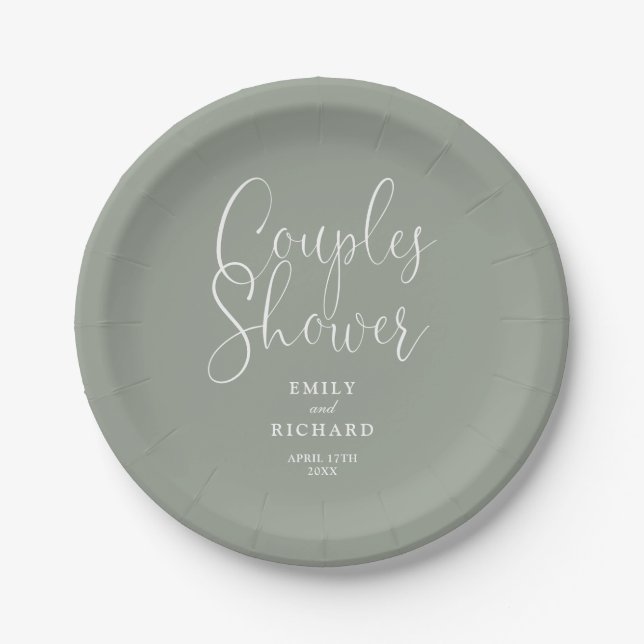 Sage Green Elegant Couples Bridal Wedding Shower Paper Plates (Front)