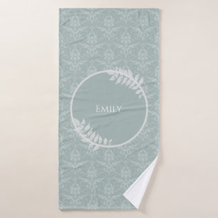 Sage Green Elegant Damask Personalized Bath Towel Set