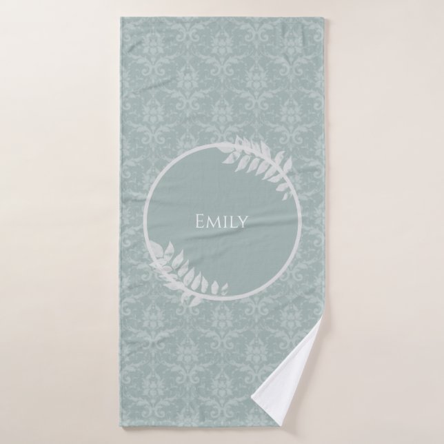 Sage Green Elegant Damask Personalized Bath Towel Set (Bath Towel)