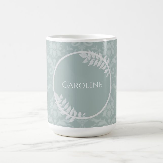 Sage Green Elegant Damask Personalized Coffee Mug (Center)