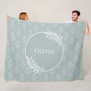 Sage Green Elegant Damask Personalized Fleece Blanket