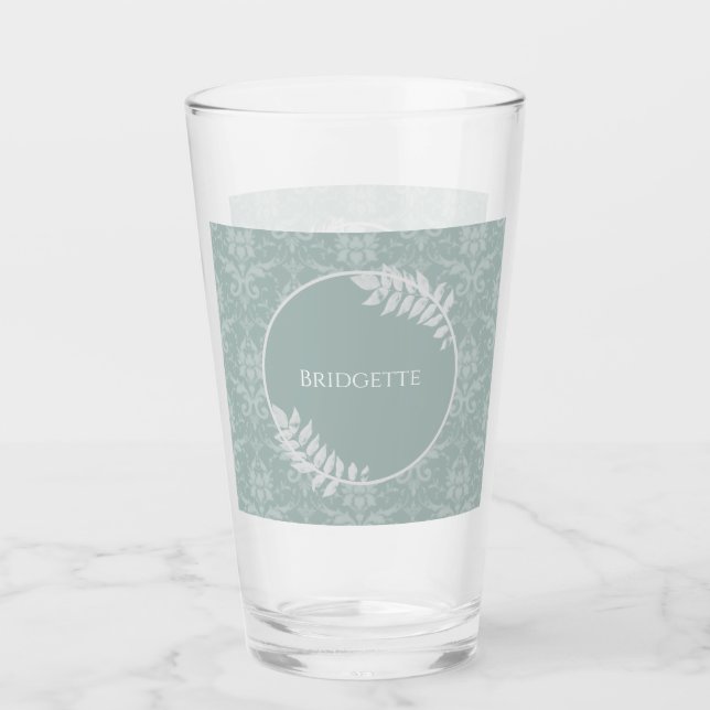 Sage Green Elegant Damask Personalized Glass (Front)