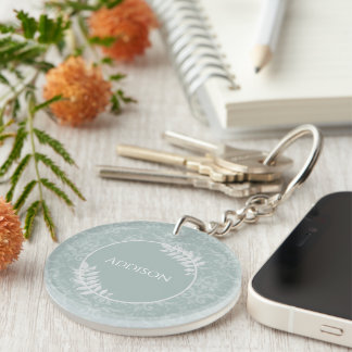 Sage Green Elegant Damask Personalized Keychain
