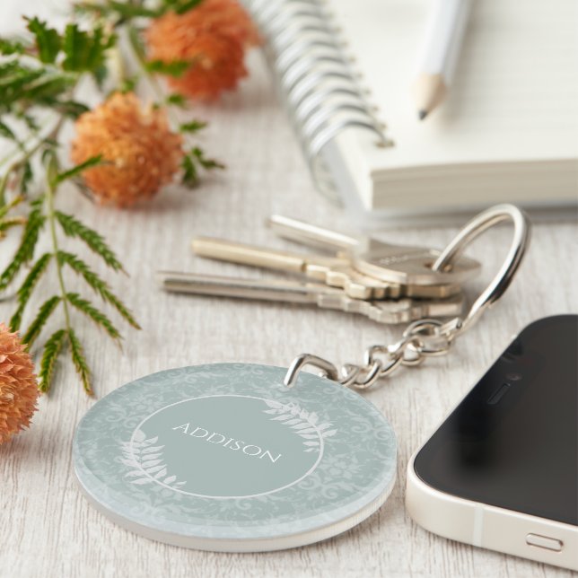 Sage Green Elegant Damask Personalized Keychain (Front Right)