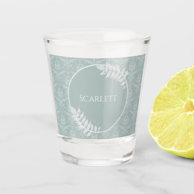 Sage Green Elegant Damask Personalized Shot Glass (Front)
