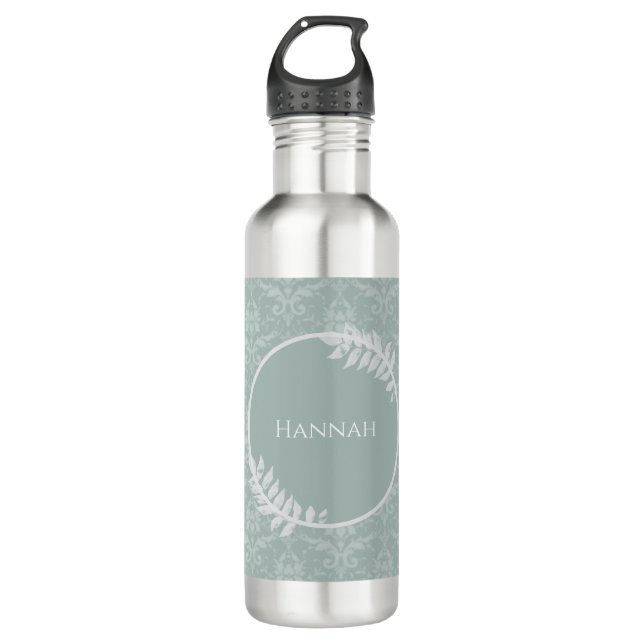 Sage Green Elegant Damask Personalized Stainless Steel Water Bottle (Front)