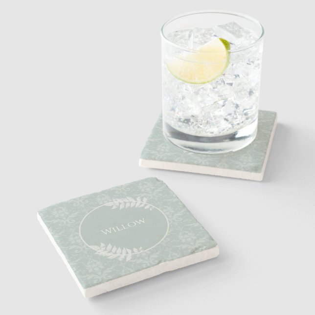 Sage Green Elegant Damask Personalized Stone Coaster (Side)