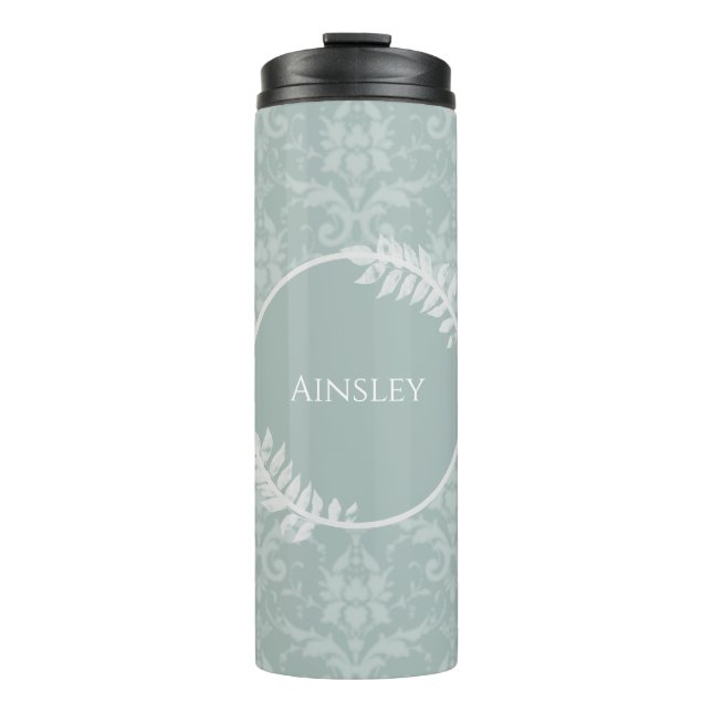 Sage Green Elegant Damask Personalized Thermal Tumbler (Front)