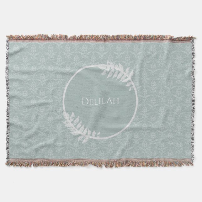 Sage Green Elegant Damask Personalized Throw Blanket (Front)