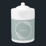 Sage Green Elegant Damask Teapot<br><div class="desc">Enjoy your tea with a Sage Green Elegant Damask Personalized Teapot.  Teapot design features an elegant damask background and space to add your name adorned with delicate foliage.  Additional gift items available with this design as well as a variety of colors.</div>