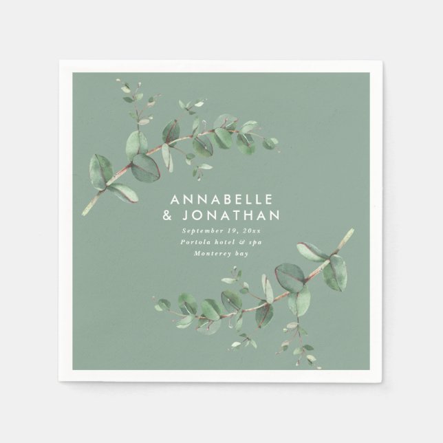 Sage green elegant eucalyptus foliage wedding napkins (Front)