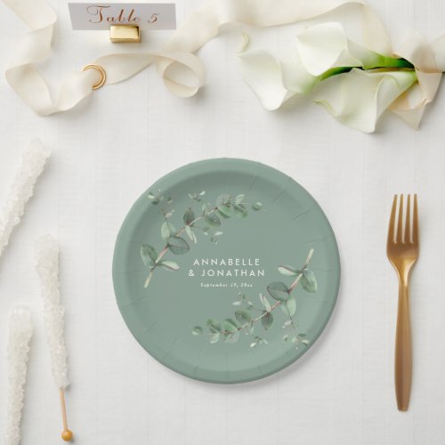 Sage green elegant eucalyptus foliage wedding paper plates