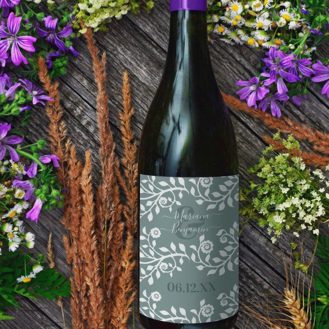 Sage Green Elegant Floral Art Personalized Wedding Wine Label (Creator Uploaded)