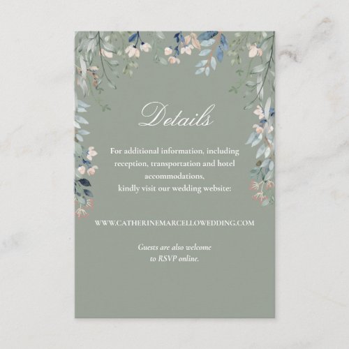 Sage Green Elegant Floral Cascade Wedding Details Enclosure Card