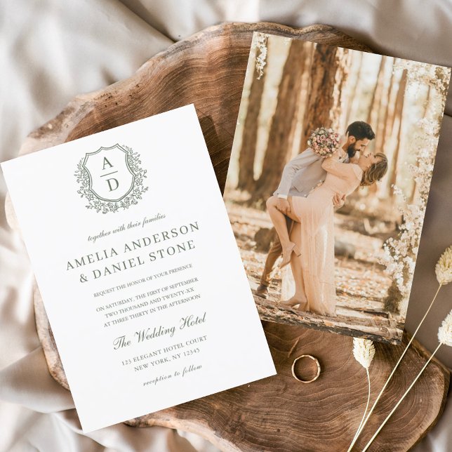 Sage Green Elegant Floral Crest Monogram Wedding  Invitation (Creator Uploaded)