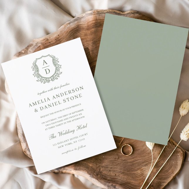Sage Green Elegant Floral Crest Monogram Wedding  Invitation (Creator Uploaded)