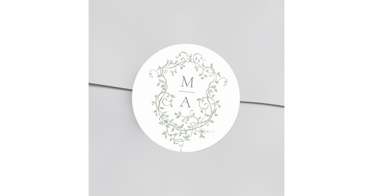 Sage Green Elegant Floral Crest Monograms Classic Round Sticker | Zazzle