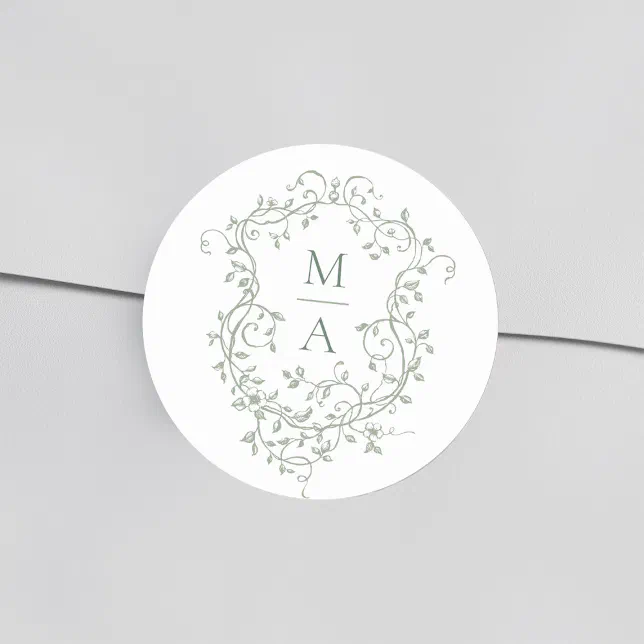 Sage Green Elegant Floral Crest Monograms Classic Round Sticker | Zazzle